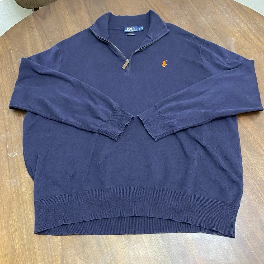 Polo Ralph Lauren Quarter Zip Pullover Mens 2XB Navy Blue Pima Cotton Sweater